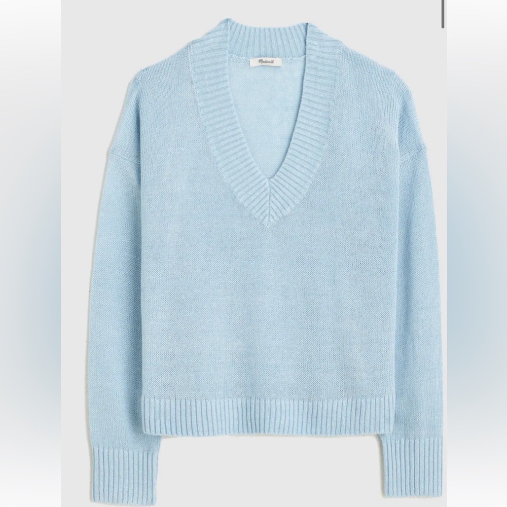 Madewell Deep V-Neck Sweater 100% linen knit light pale blue long sleeve SMALL